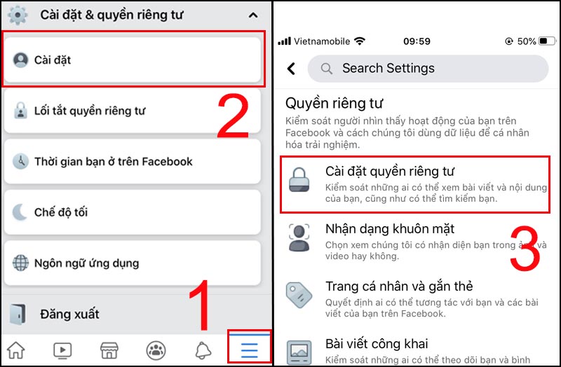 Sau khi vào giao diện chính của Facebook, bạn chọn biểu tượng dấu ba gạch ngang > Tại mục Cài đặt & quyền riêng tư và Chọn Cài đặt > Chọn Cài đặt quyền riêng tư trong mục Quyền riêng tư.